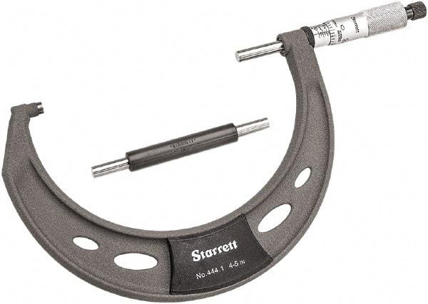 Starrett - 4 to 5" Range, 0.0001" Graduation, Mechanical Outside Micrometer - Ratchet Thimble, 2-3/4" Throat Depth, Accurate to 0.0001" - A1 Tooling