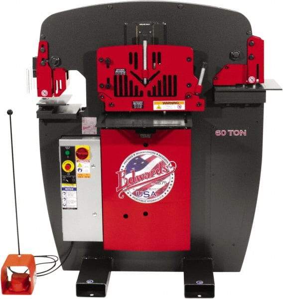 Edwards Manufacturing - 8-7/8" Throat Depth, 60 Ton Punch Pressure, 1-1/16" in 5/8" Punch Capacity Ironworker - 5 hp, 1 Phase, 230 Volts, 46-1/8" Wide x 56-1/8" High x 36-1/8" Deep - A1 Tooling