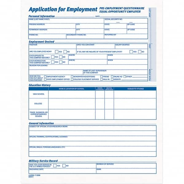 TOPS - 25 Sheet, 17 x 11", Employment Application Form - Purple & White - A1 Tooling