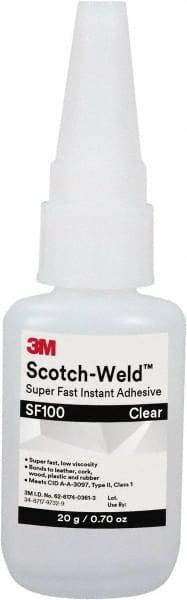 3M - 0.11 oz Tube Clear Instant Adhesive - Series Part Number SF100, 3 to 30 sec Working Time, 24 hr Full Cure Time - A1 Tooling