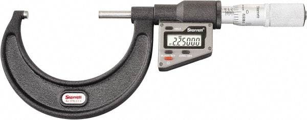 Starrett - 50.8 to 76 mm Range, 0.0001" Resolution, Standard Throat, Electronic Outside Micrometer - 0.0001" Accuracy, Friction Thimble, Micro Lapped Carbide Face, CR2450 Battery, Includes 3V Battery - A1 Tooling