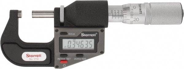 Starrett - 0 to 25 mm Range, 0.0001" Resolution, Standard Throat, Electronic Outside Micrometer - 0.0001" Accuracy, Friction Thimble, Micro Lapped Carbide Face, CR2450 Battery, Includes 3V Battery - A1 Tooling