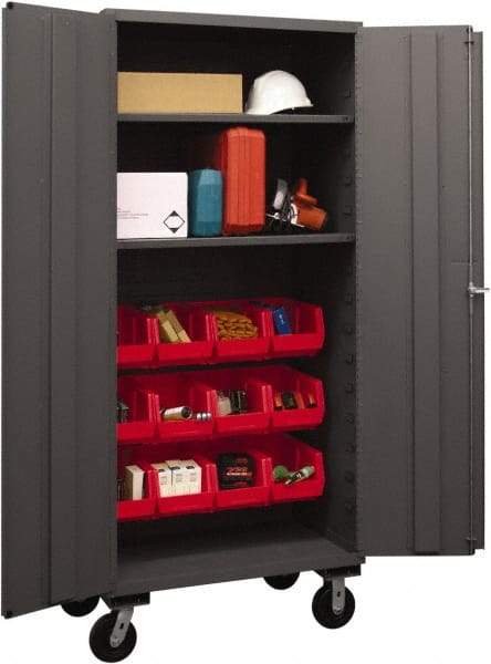 Durham - 2 Shelf 12 Bin Mobile Storage Cabinet - Steel, 36" Wide x 24" Deep x 80" High, Red - A1 Tooling