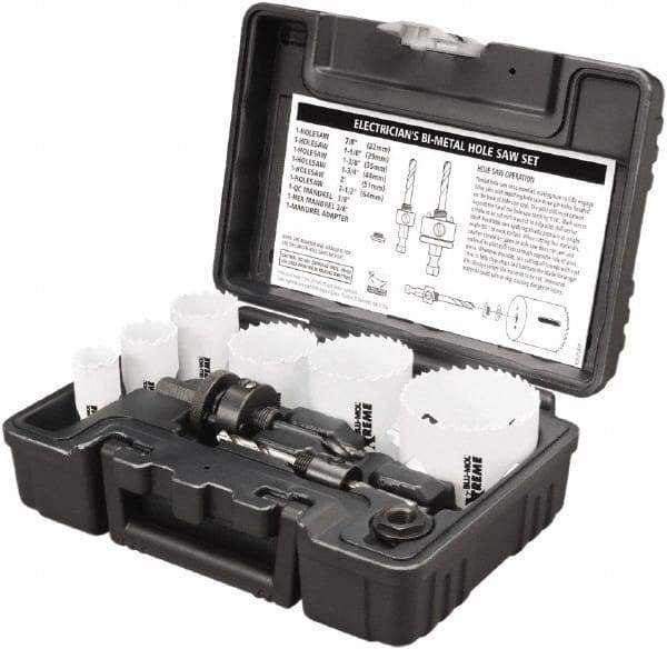 Disston - 9 Piece, 7/8" to 2-1/2" Saw Diam, Electrician's Hole Saw Kit - Bi-Metal, Toothed Edge, Pilot Drill Model No. E0102457, Includes 6 Hole Saws - A1 Tooling