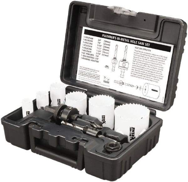 Disston - 9 Piece, 3/4" to 2-1/4" Saw Diam, Plumber's Hole Saw Kit - Bi-Metal, Toothed Edge, Pilot Drill Model No. E0102457, Includes 6 Hole Saws - A1 Tooling