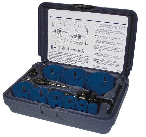 Disston - 9 Piece, 5/8" to 1-9/16" Saw Diam, Electrician's Hole Saw Kit - Bi-Metal, Toothed Edge, Pilot Drill Model No. E0102457, Includes 6 Hole Saws - A1 Tooling