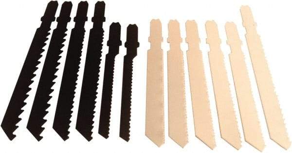 Disston - 12 Piece, 2-3/4" to 3-1/2" Long, 6 to 24 Teeth per Inch, Carbon and Bi-Metal Jig Saw Blade Set - Toothed Edge, U-Shank - A1 Tooling