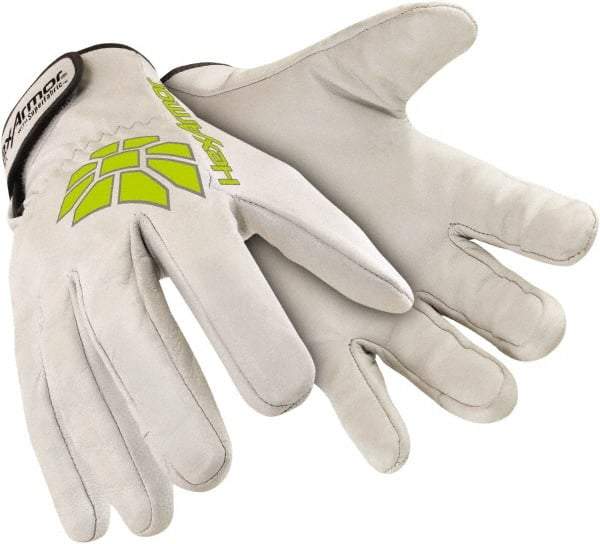 HexArmor - Size M (8), ANSI Cut Lvl A8, Puncture Lvl 4, Abrasion Lvl 4, Goatskin Leather Cut & Puncture Resistant Gloves - 9.5" Long, SuperFabric Lining, Slip-On Cuff, White/Hi-Vis Yellow, Paired - A1 Tooling