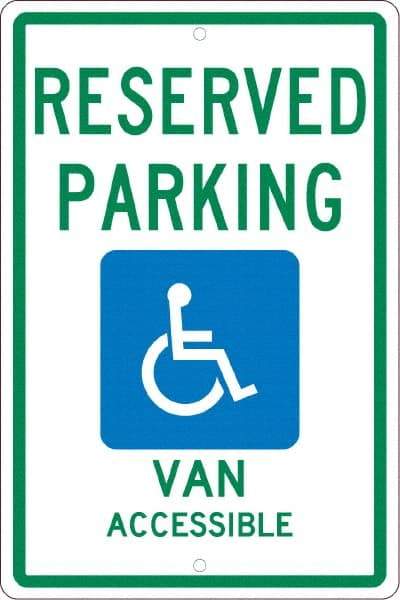 NMC - "Reserved Parking Van Accessible", "Handicap Symbol", 12" Wide x 18" High, Aluminum ADA Signs - 0.063" Thick, Green & Blue on White, Rectangle, Post Mount - A1 Tooling