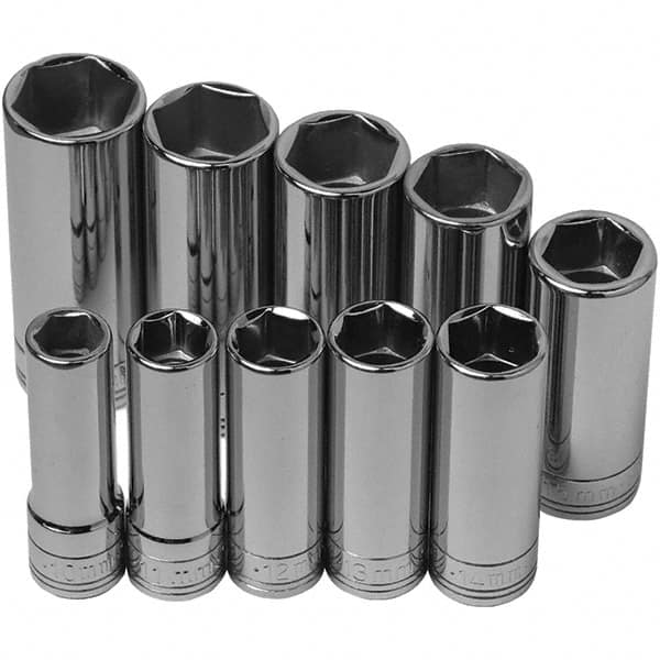 SK - 3/8" Drive Deep Socket Set - 10 to 19mm, Metric Measurement Standard - A1 Tooling