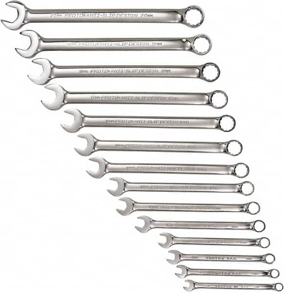 Proto - 14 Piece, 7mm to 20mm, 12 Point Combination Wrench Set - Metric Measurement Standard, Full Polish Chrome Finish, Comes in Tool Roll - A1 Tooling