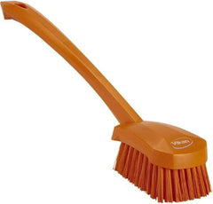 Vikan - 1.3" Bristle Length, Polyester Scrub Brush - 4" Long x 2-3/4" Wide Head, 15-3/4" OAL, Orange, Polypropylene Block - A1 Tooling