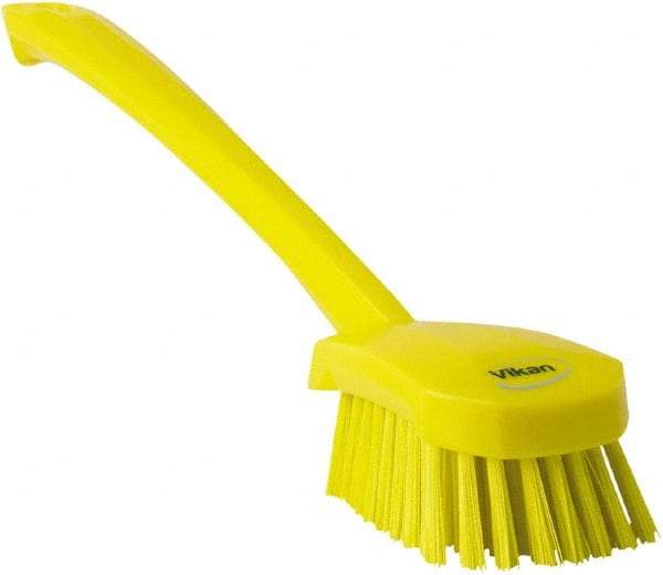 Vikan - 1.3" Bristle Length, Polyester Scrub Brush - 4" Long x 2-3/4" Wide Head, 15-3/4" OAL, Yellow, Polypropylene Block - A1 Tooling