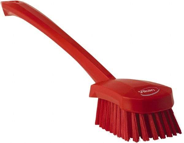 Vikan - 1.3" Bristle Length, Polyester Scrub Brush - 4" Long x 2-3/4" Wide Head, 15-3/4" OAL, Red, Polypropylene Block - A1 Tooling