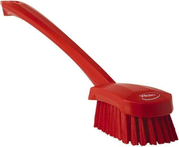 Vikan - 1.3" Bristle Length, Polyester Scrub Brush - 4" Long x 2-3/4" Wide Head, 15-3/4" OAL, Red, Polypropylene Block - A1 Tooling