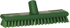 Vikan - 1" Bristle Length, Polyester Scrub Brush - 10-5/8" Long x 2-1/2" Wide Head, 11" OAL, European Threaded Handle, Green, Polypropylene Block - A1 Tooling