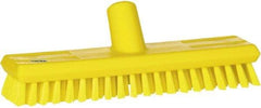 Vikan - 1" Bristle Length, Polyester Scrub Brush - 10-5/8" Long x 2-1/2" Wide Head, 11" OAL, European Threaded Handle, Yellow, Polypropylene Block - A1 Tooling