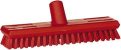 Vikan - 1" Bristle Length, Polyester Scrub Brush - 10-5/8" Long x 2-1/2" Wide Head, 11" OAL, European Threaded Handle, Red, Polypropylene Block - A1 Tooling