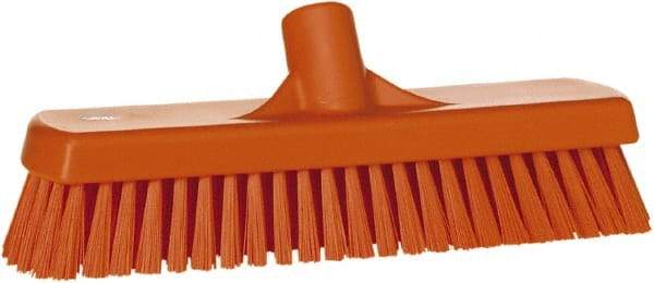 Vikan - 1.7" Bristle Length, Polyester Scrub Brush - 11-1/4" Long x 3" Wide Head, 12" OAL, European Threaded Handle, Orange, Polypropylene Block - A1 Tooling