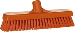 Vikan - 1.7" Bristle Length, Polyester Scrub Brush - 11-1/4" Long x 3" Wide Head, 12" OAL, European Threaded Handle, Orange, Polypropylene Block - A1 Tooling