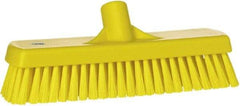 Vikan - 1.7" Bristle Length, Polyester Scrub Brush - 11-1/4" Long x 3" Wide Head, 12" OAL, European Threaded Handle, Yellow, Polypropylene Block - A1 Tooling