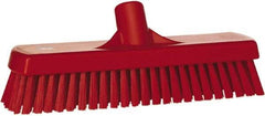 Vikan - 1.7" Bristle Length, Polyester Scrub Brush - 11-1/4" Long x 3" Wide Head, 12" OAL, European Threaded Handle, Red, Polypropylene Block - A1 Tooling