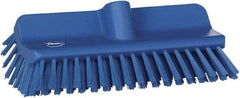 Vikan - 1-1/2" Bristle Length, Polyester Cleaning & Finishing Brush - 9-5/8" Long x 5" Wide Head, 10" OAL, European Threaded Handle, Blue, Polypropylene Block - A1 Tooling