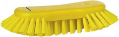 Vikan - 1.3" Bristle Length, Polyester Utility Scrub Brush - 7-3/4" Long x 3" Wide Head, 8" OAL, European Threaded Handle, Yellow, Polypropylene Block - A1 Tooling