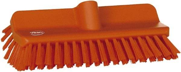 Vikan - 1-1/2" Bristle Length, Polyester Cleaning & Finishing Brush - 9-5/8" Long x 5" Wide Head, 10" OAL, European Threaded Handle, Orange, Polypropylene Block - A1 Tooling