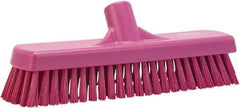 Vikan - 1.7" Bristle Length, Polyester Scrub Brush - 11-1/4" Long x 3" Wide Head, 12" OAL, European Threaded Handle, Pink, Polypropylene Block - A1 Tooling