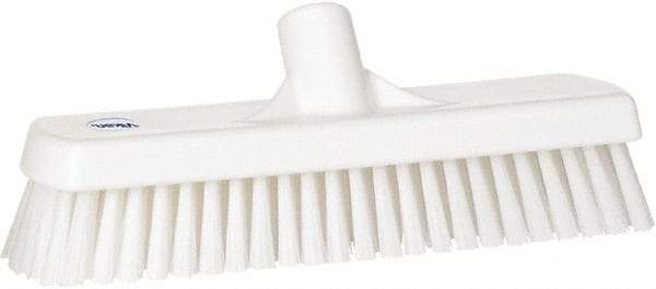 Vikan - 1.7" Bristle Length, Polyester Scrub Brush - 11-1/4" Long x 3" Wide Head, 12" OAL, European Threaded Handle, White, Polypropylene Block - A1 Tooling