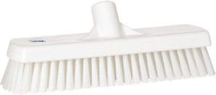 Vikan - 1.7" Bristle Length, Polyester Scrub Brush - 11-1/4" Long x 3" Wide Head, 12" OAL, European Threaded Handle, White, Polypropylene Block - A1 Tooling