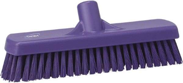 Vikan - 1.7" Bristle Length, Polyester Scrub Brush - 11-1/4" Long x 3" Wide Head, 12" OAL, European Threaded Handle, Purple, Polypropylene Block - A1 Tooling