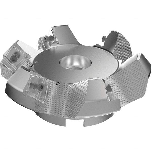 Seco - 4.92" Cut Diam, 1-1/2" Arbor Hole, 9mm Max Depth of Cut, 48° Indexable Chamfer & Angle Face Mill - 6 Inserts, Right Hand Cut, 6 Flutes, Through Coolant, Series R220.54 - A1 Tooling