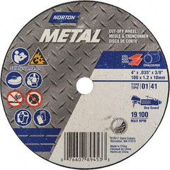 Norton - 4" 60 Grit Aluminum Oxide Cutoff Wheel - 0.035" Thick, 3/8" Arbor, 19,100 Max RPM, Use with Straight Shaft Grinder - A1 Tooling