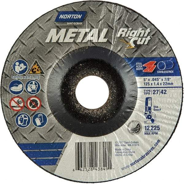 Norton - 24 Grit, 5" Wheel Diam, 7/8" Arbor Hole, Type 42 Depressed Center Wheel - Extra Coarse Grade, Aluminum Oxide, 12,225 Max RPM, Compatible with Angle Grinder - A1 Tooling