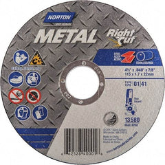 Norton - 4-1/2" 36 Grit Aluminum Oxide Cutoff Wheel - 0.045" Thick, 7/8" Arbor, 13,580 Max RPM, Use with Angle Grinders - A1 Tooling