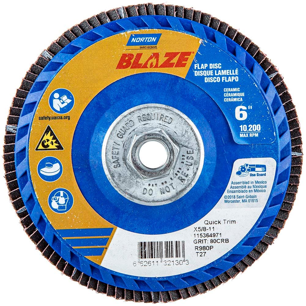 Flap Disc: 5/8-11 Hole, 80 Grit, Ceramic Alumina, Type 27 Coated, Coarse Grade, Polyester-Backed, 10,200 RPM