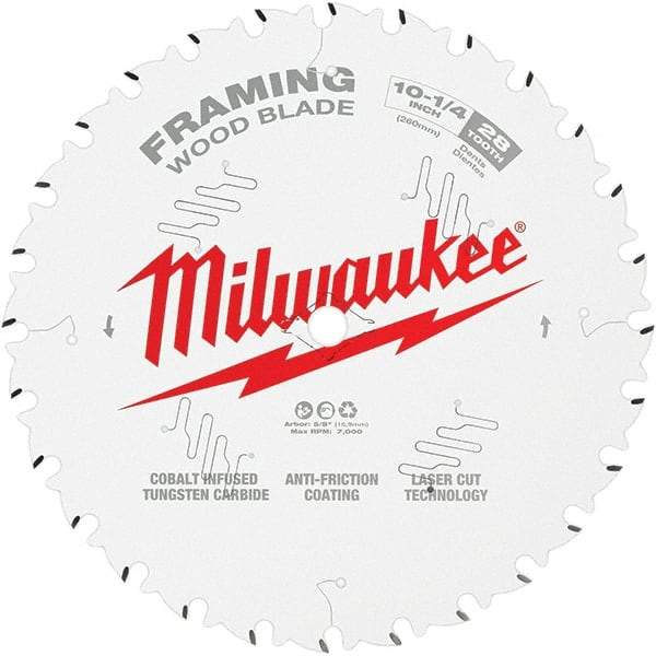 Milwaukee Tool - 10-1/4" Diam, 5/8" Arbor Hole Diam, 28 Tooth Wet & Dry Cut Saw Blade - Tungsten Carbide-Tipped, Framing Action, Standard Round Arbor - A1 Tooling