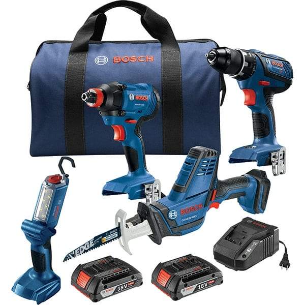 Bosch - 13 Piece 18 Volt Cordless Tool Combination Kit - Includes 1/2" Compact Drill/Driver, Impact Driver, Compact Reciprocating Saw & Work Light, Lithium-Ion Battery Included - A1 Tooling