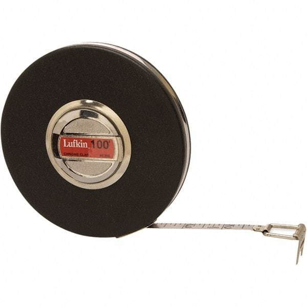 Lufkin - 100' x 3/8" Silver Steel Blade Tape Measure - 1/8" Graduation, Inch Graduation Style, Black Steel Case - A1 Tooling