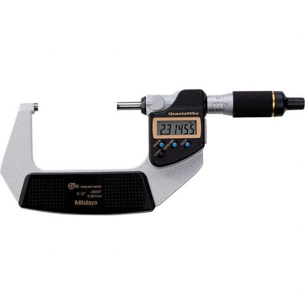 Mitutoyo - 2 to 3" Range, 0.00005" Resolution, Quantumike Throat IP65 Electronic Outside Micrometer - 0.0001" Accuracy, Ratchet Stop Thimble, Carbide-Tipped Face, SR44 Battery - A1 Tooling