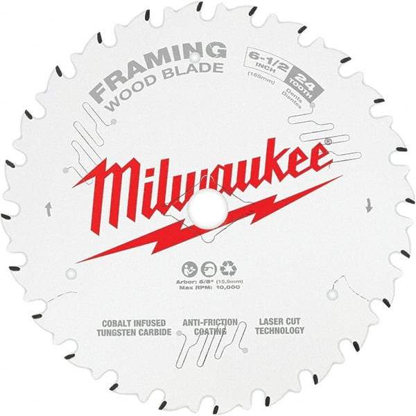 Milwaukee Tool - 6-1/2" Diam, 5/8" Arbor Hole Diam, 24 Tooth Wet & Dry Cut Saw Blade - Tungsten Carbide-Tipped, Framing Action, Standard Round Arbor - A1 Tooling