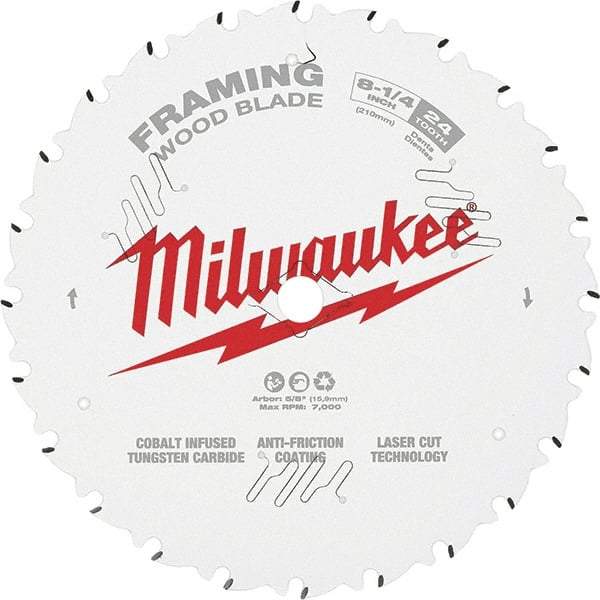 Milwaukee Tool - 8-1/4" Diam, 5/8" Arbor Hole Diam, 24 Tooth Wet & Dry Cut Saw Blade - Tungsten Carbide-Tipped, Framing Action, Standard Round Arbor - A1 Tooling