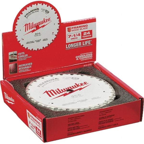 Milwaukee Tool - 7-1/4" Diam, 5/8" Arbor Hole Diam, 24 Tooth Wet & Dry Cut Saw Blade - Tungsten Carbide-Tipped, Framing Action, Standard Round Arbor - A1 Tooling