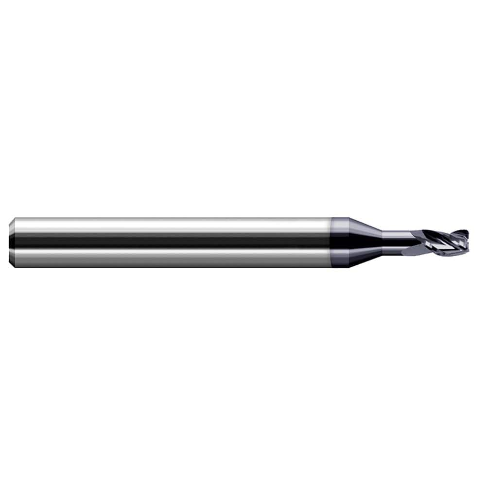 Corner Radius End Mill: 0.078″ Dia, 0.117″ LOC, 1/64″ Radius, 3 Flutes, Solid Carbide 2-1/2″ OAL, 1/8″ Shank Dia, 30 ° Helix, AlTiN Coated, Corner Radius End