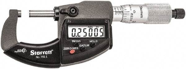 Starrett - 0 to 1" Range, Standard Throat IP67 Electronic Outside Micrometer - Ratchet Stop Thimble, Carbide Face, CR2032 Battery - A1 Tooling