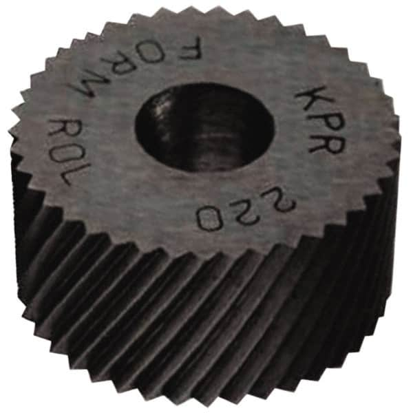 Made in USA - 1-1/4" Diam, 90° Tooth Angle, 30 TPI, Standard (Shape), Form Type Cobalt Right-Hand Diagonal Knurl Wheel - 1/2" Face Width, 1/2" Hole, Circular Pitch, 30° Helix, Bright Finish, Series PH - Exact Industrial Supply