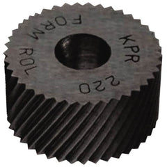 Made in USA - 5/8" Diam, 70° Tooth Angle, 50 TPI, Standard (Shape), Form Type High Speed Steel Right-Hand Diagonal Knurl Wheel - 1/4" Face Width, 1/4" Hole, Circular Pitch, 30° Helix, Bright Finish, Series GK - Exact Industrial Supply