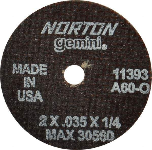 Norton - 2" Aluminum Oxide Cutoff Wheel - 0.035" Thick, 1/4" Arbor, 30,560 Max RPM, Use with Die Grinders - A1 Tooling